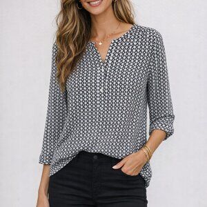NYDJ Black and White Geometric Popover Blouse M